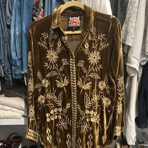 Johnny Was Velvet top with Floral Embroidery